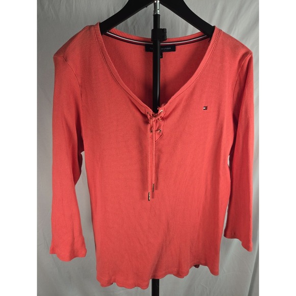 Tommy Hilfiger Tops - Tommy Hilfiger Global Lace Up Ribbed Henley Top Sz L Coral 3/4 Sleeve